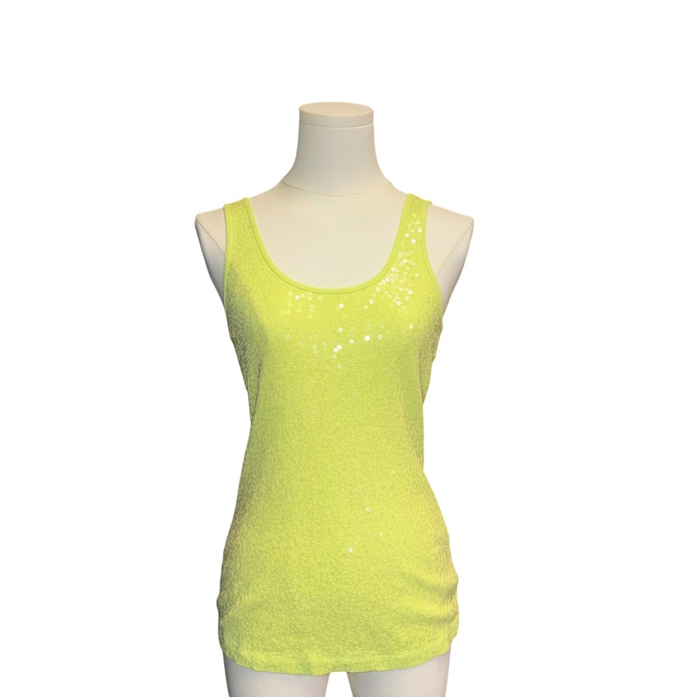 Express Women Neon Lime Green Sequin Ribbed Tank Top Scoop Neck Small S/P